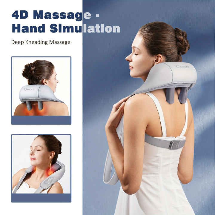 [4D Deep Kneading] KNQZE Cordless Shiatsu Neck & Shoulder Massager - 4D Deep Kneading, 6 Massage Nodes, Heat, Rechargeable 2200mAh Battery - Ideal for Neck, Back, Leg Relaxation for Men & Women