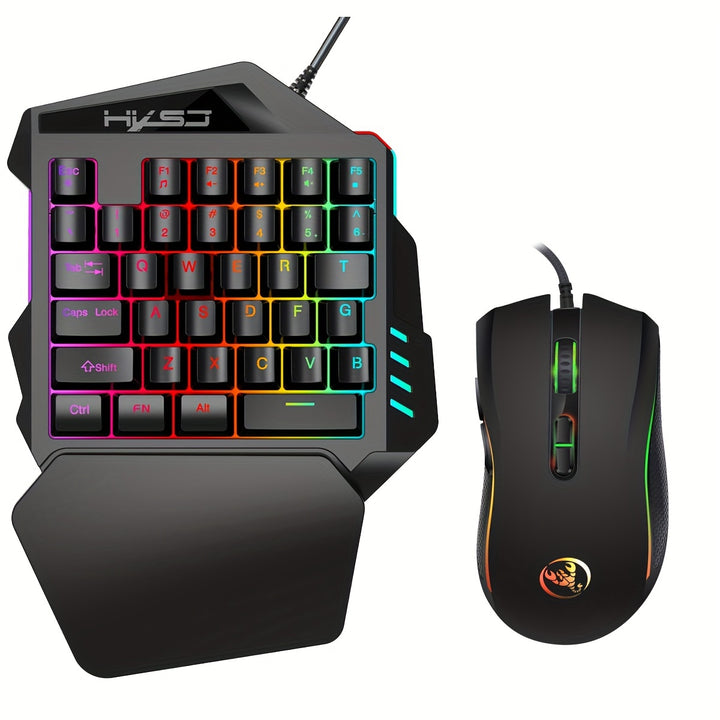 HXSJ Gaming One-Handed Keyboard And Mouse Set with 35 Keys, Dual-Color Injection Molded Keycaps, Colorful Backlight, USB Plug-And-Play Optical Mouse Combo Suitable for Gaming.