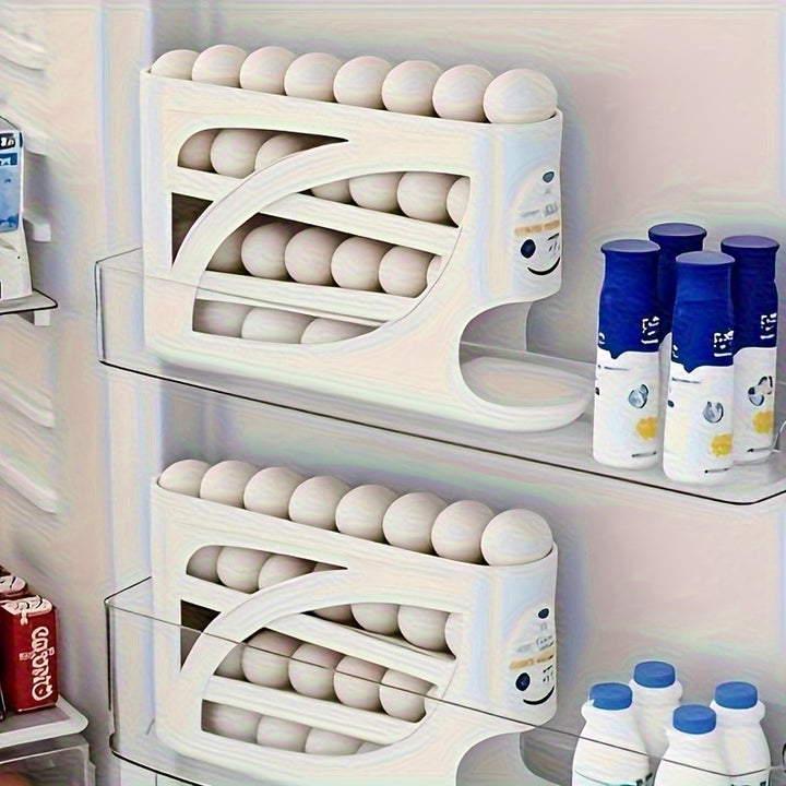 4-Tier Rolling Egg Holder - Side Door Design, Holds 30 Eggs, Smooth Glossy Finish, Convenient Handle
