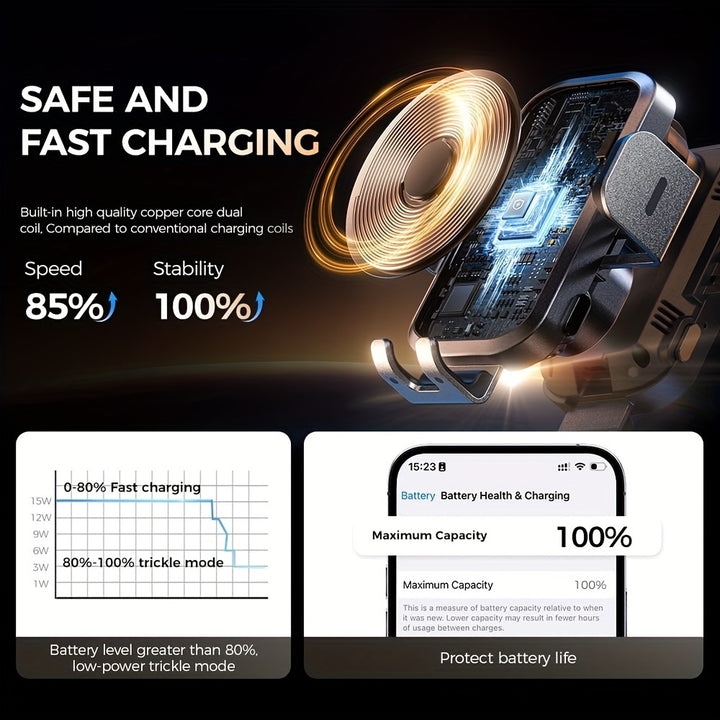 CHGeek 3-in-1 Wireless Car Charger, Car Phone Holder, 15W Fast Charge -Dashboard/Vent/Desktop, Universal Phone Clamp For IPhone & Android (No Slip! 30-Min Quick Install)