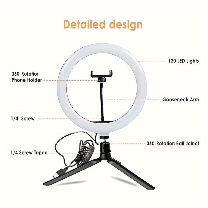 25.4 Cm LED Ring Light With Tripod And Phone Holder, Adjustable Phone Holder With Dimming Function, Suitable For YouTube Videos, Photography, Selfies, Vlog, Makeup, Live Streaming