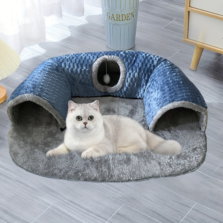 Tunnelle de chat confortable 3-en-1 - Tapis de jeu et nid chaud avec fond antidérapant pour chats de petite à moyenne taille, lapins et hamsters