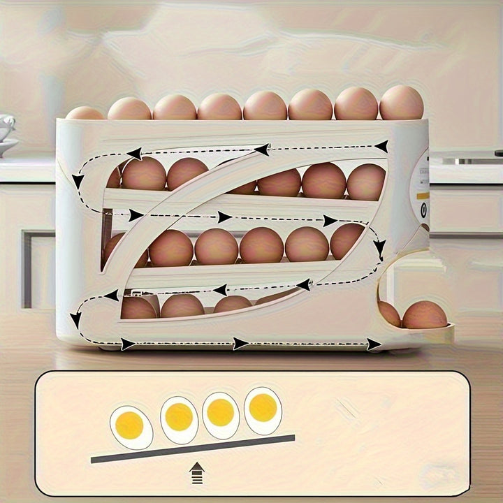 4-Tier Rolling Egg Holder - Side Door Design, Holds 30 Eggs, Smooth Glossy Finish, Convenient Handle