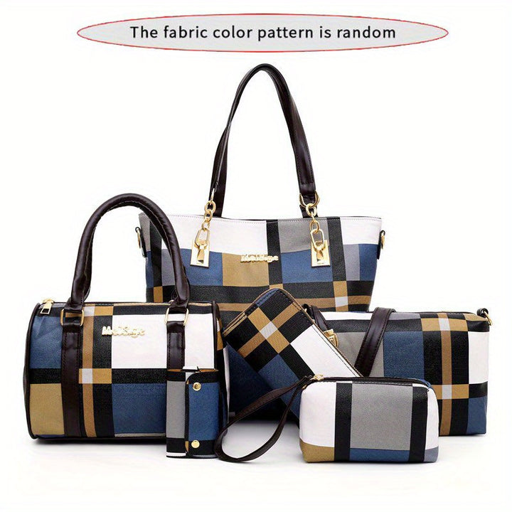 Large Capacity 6pcs/set Checkered Pattern Bag - Shoulder, Crossbody, Clutch, Long & Short Wallet