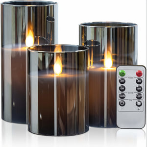 [3 flammenlose Kerzen mit Timer] 3 Stück flammenlose Kerzen mit Fernbedienung Timer: 3D Kerzen batteriebetriebene LED Säulenkerzen, unzerbrechliches Acryl Fake Kerzen Set für Heimdekoration romantische Atmosphäre - Grau