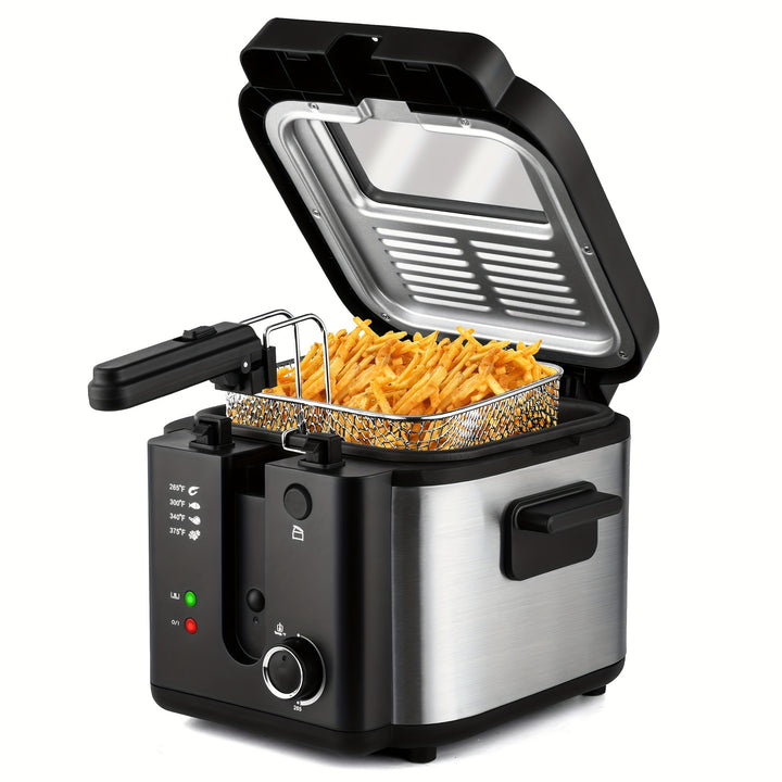 Friteuse Électrique SUSTEAS 1500W avec Panier - Acier Inoxydable, Pot Intérieur Antiadhésif, Couvercle Amovible, Contrôle de Température et Design Facile à Nettoyer pour Frites Maison Croquantes et Plus, Panier de Friteuse