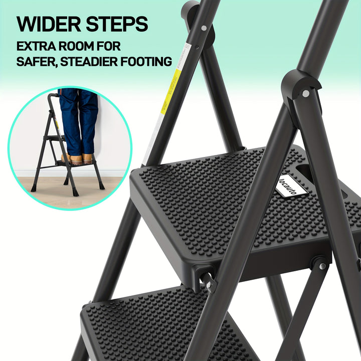 Échelle pliante robuste 2/3 marches avec capacité de 800 lbs - Escabeau avec poignée de confort - Idéal pour la maison, la cuisine et le bureau