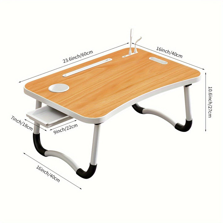 Mesa de cama portátil multifuncional ultra grande - Soporte de bandeja con portavasos, cajón, USB, ventilador y luz - Estable, duradera y plegable para comer, leer y escribir