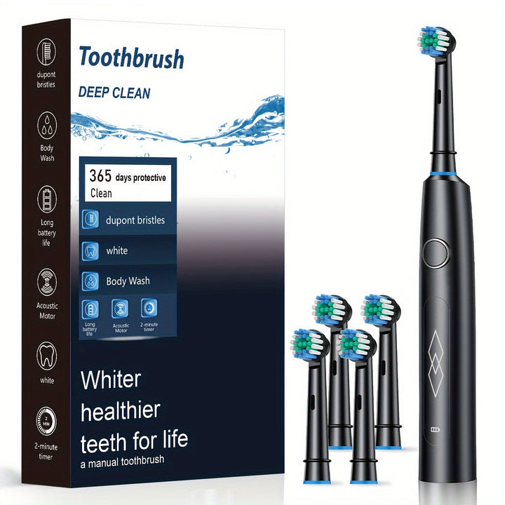 Sleek Black Sonic Electric Toothbrush for Adults - USB Rechargeable, Deep Clean with Soft Bristles, 600mAh Lithium Polymer Battery, Oral Care with 5 Modes, Includes 4 Ribbon-Tied Brushes + Gift Box