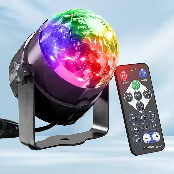 1pc Voice-Controlled RGB Disco Ball Light with Remote - 7 Modes, USB Powered, Color-Changing LED for Home, Parties, Karaoke, Weddings | Sleek Black Design with Adjustable Stand