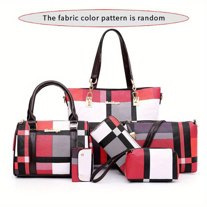 Large Capacity 6pcs/set Checkered Pattern Bag - Shoulder, Crossbody, Clutch, Long & Short Wallet