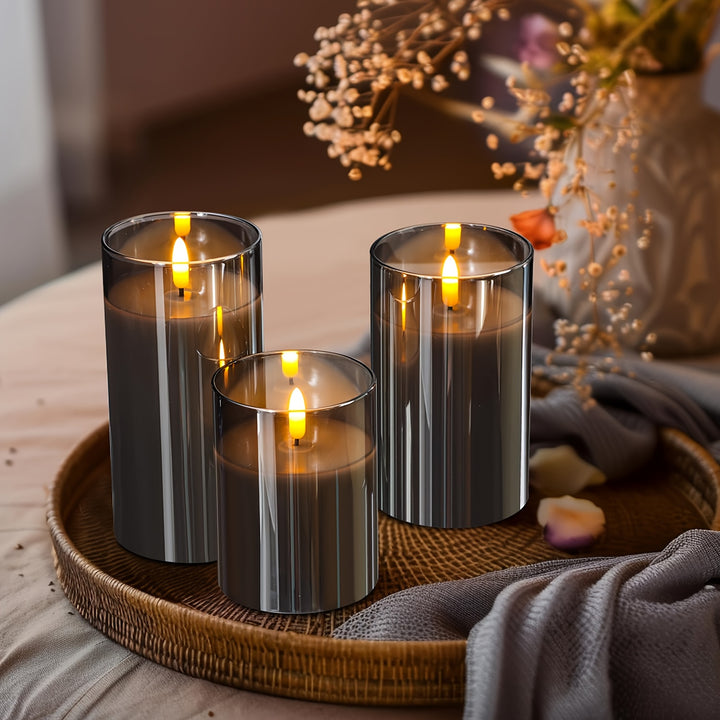 [3 Flameless Candles with Timer] 3pcs Flameless Candles with Remote Timer: 3D Candle Battery Powered LED Column Candles, Unbreakable Acrylic Fake Candle Set for Home Decoration Romantic Ambiance - Gray