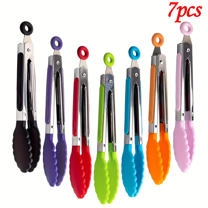 3pcs / 7pcs Kitchen Tongs, 7 Inch Small Silicone Tongs with Stainless Steel Silicon Handles and Nylon Tips, Heat Resistant Non-Stick Cooking Tongs, Mini Locking Food Tongs for Cooking Salad Grilling and Frying