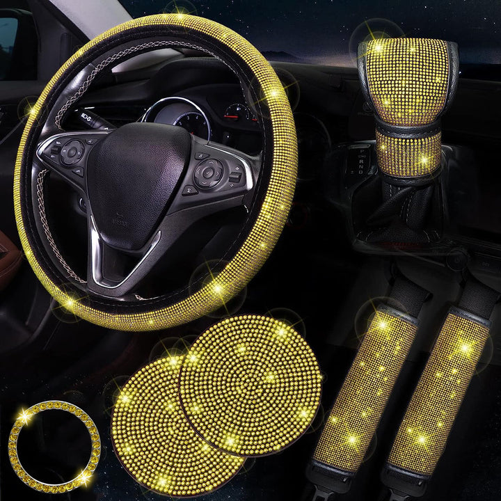Bling Car Accessories for Women, Bling Steering Wheel Cover Bling Car Coasters Bling Set Seat Belt Shoulder Pads Ring Emblem Sticker Gear Shift Cover