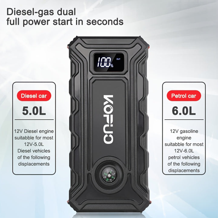 KOPUO Tragbare Stromversorgung Professioneller Diesel-Dual-Start-Autostarter mit LCD-Display, 2 USB-Schnittstellen, 1 Typ-C-Schnittstelle für Notstromversorgung, mit Kompass, drei Modi LED-Lichter, perfektes Geschenk für Fahrer