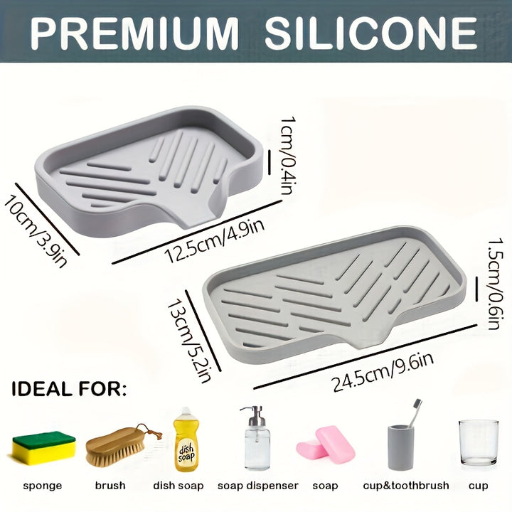 Silicone Soap Dish Holder - 1pc Kitchen Sink Tray With Drain Tip - Countertop Sink Scrubber Drain Pad For Brush Sponge And Soap