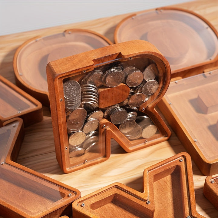 Wooden Lettered Piggy Bank, Personalized Lettered Bank, Wooden Bank 26 English Alphabet Bank, Home Decoration Children's Gifts Halloween、Christmas Gift、Thanksgiving Day easter gift