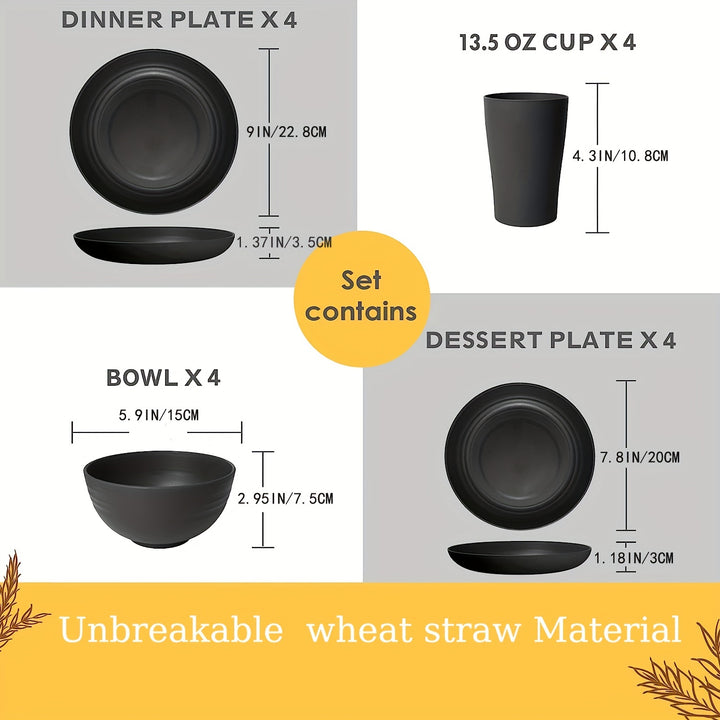 Premium straw tableware set, 16 unbreakable tableware sets, microwave and dishwasher safe, black set of 8 plates, 4 bowls, 4 cups.
