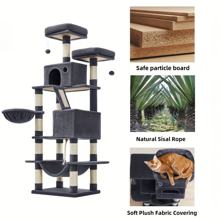 Feandrea 66.1/44.1in Cat Tree, Large Cat Tower with 13 Scratching Posts, 2 Perches, 2 Caves, Hanging Basket & Hammock, Pompoms, Stable Kitty Play House, Multi-Level Plush Cat Condo for Indoor Cats, Easy to Assemble, Perfect G