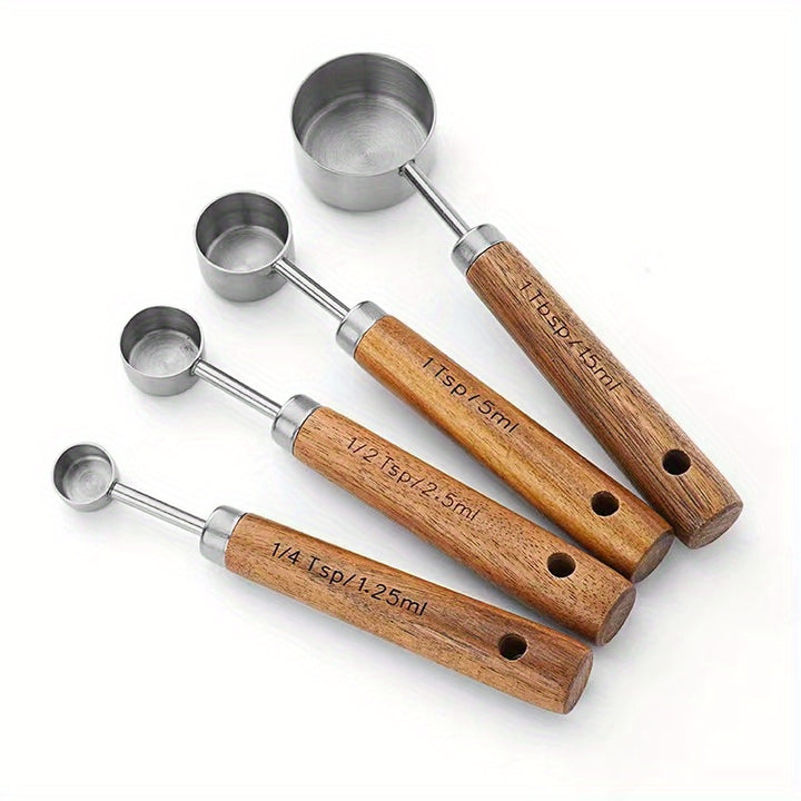 [8pcs Stainless Steel Measuring Cup] 8pcs Stainless Steel Measuring Cup And Spoon Set | Acacia Wooden Handle For Dry Goods And Liquid Ingredients, Baking Tools DIY, Seasoning Spoon Take Powder Spoon Coffee Spoon