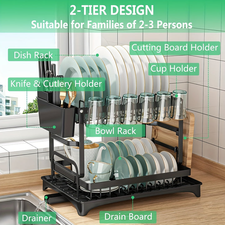 2 Tier Dish Drying Rack For Kitchen Counter, Dish Drainers For Kitchen Counter With Drainboard, Metal Kitchen Dish Rack With Drain, Kitchen Drying Rack Two Tier, Black Dish Racks