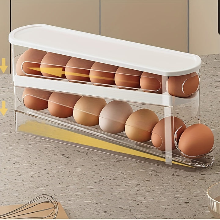 Space-Saving Double-Layer Rolling Egg Storage Box for Refrigerator - Durable, Washable Plastic, No Batteries Required - Ideal for Home Organization