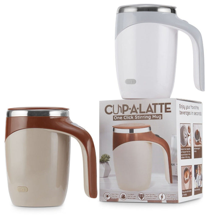 Tazza da caffè auto-miscelante da 12,85 oz - Miscelazione senza sforzo con un solo tocco, ricaricabile USB, acciaio inossidabile e ABS, bianca con accenti marroni - Perfetta per casa, ufficio, palestra, scuola, tazza da caffè