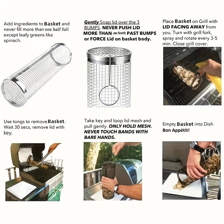 [Stainless Steel BBQ Basket] Durable Stainless Steel 1pc BBQ Grill Basket - Multipurpose Outdoor Cooking Net for Camping, Picnic, BBQ Grill Rack with Handle