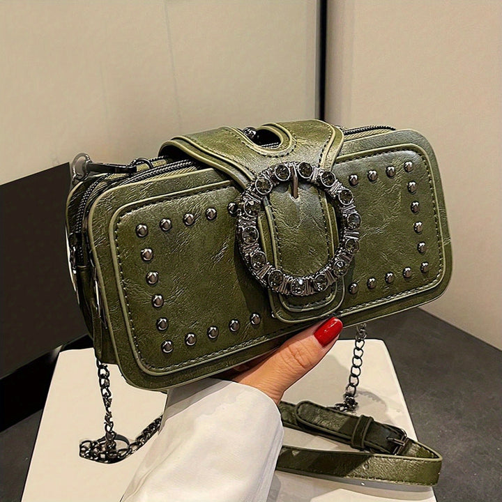 Retro Black Multi-layer Clutch Bag - Rivet Motorcycle Chain Shoulder Bag for Mobile Phone - Small Square Bag