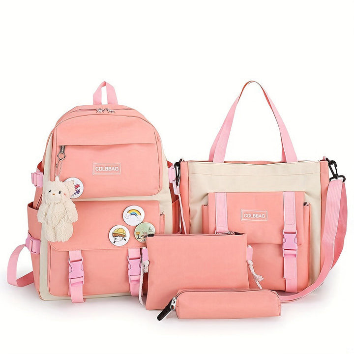 4pcs/set Large Capacity Canvas Simple Casual Backpack School Bag Travel Bag For Students