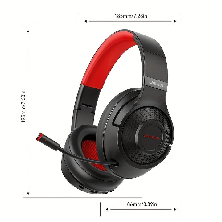 CINPUSEN UG-01 Wireless Gaming Headset with Microphone - Over-Ear, Noise-Canceling, 40 Hours Playtime, Soft Faux Leather Earmuffs, Comfortable & Adjustable for PC, PS5, PS4, for MacBook, Cell Phones - Black & Red