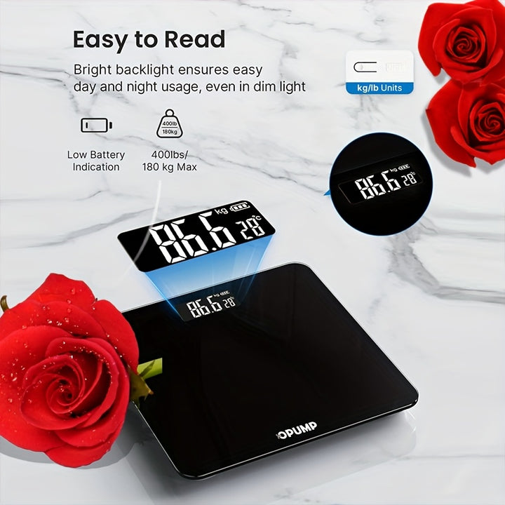 OPUMP High-Capacity Digital Weight Scale - Accurate, Safe & Easy-to-Read with Backlit LCD Display, Includes 3 AAA Batteries, Supports up to 400lbs, OPUMP