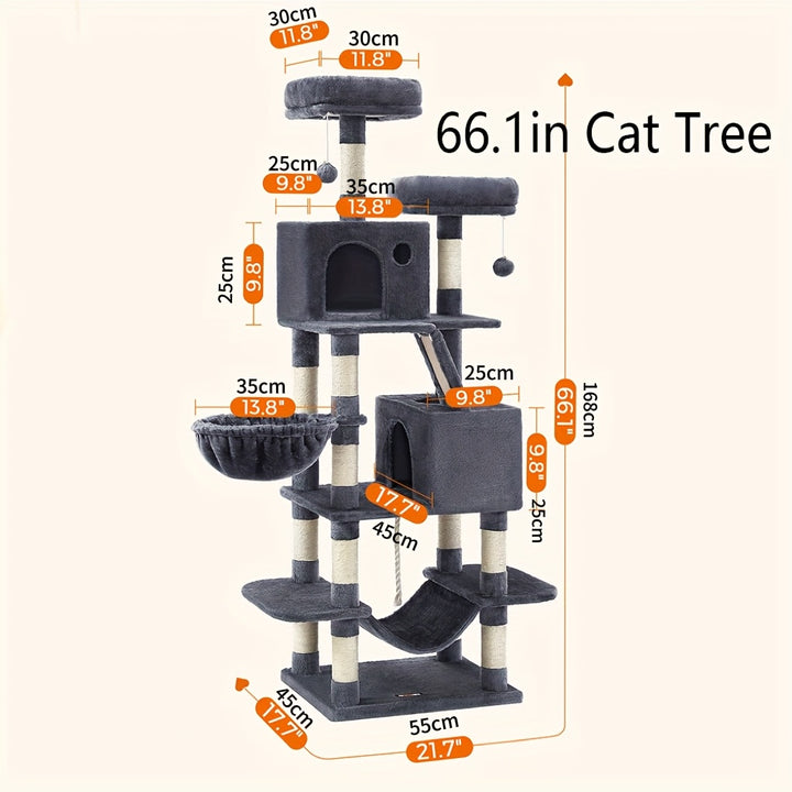 Feandrea 66.1/44.1in Cat Tree, Large Cat Tower with 13 Scratching Posts, 2 Perches, 2 Caves, Hanging Basket & Hammock, Pompoms, Stable Kitty Play House, Multi-Level Plush Cat Condo for Indoor Cats, Easy to Assemble, Perfect G