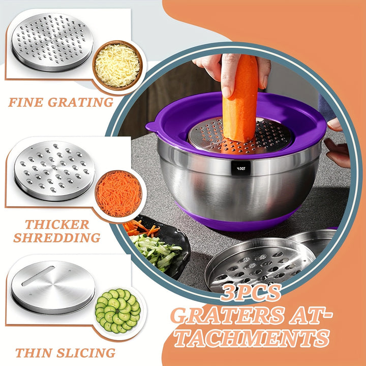 Mixing Bowls with Airtight Lids, 26 Pcs Stainless Steel Bowls Set, 3 Grater Attachments & Black Non-Slip Bottoms Size 7, 4, 2.5, 2.0, 1.5, 1QT