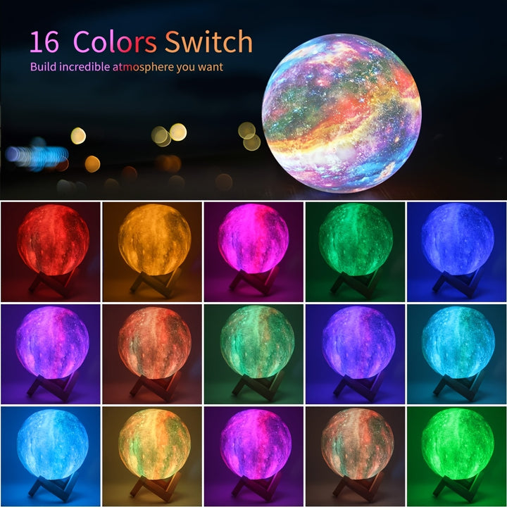 16 Colors 3D Star Moon Lamp - Wooden Stand, Remote Control, USB Plug-in, Perfect Birthday Gift for Lovers (5.9 Inches)