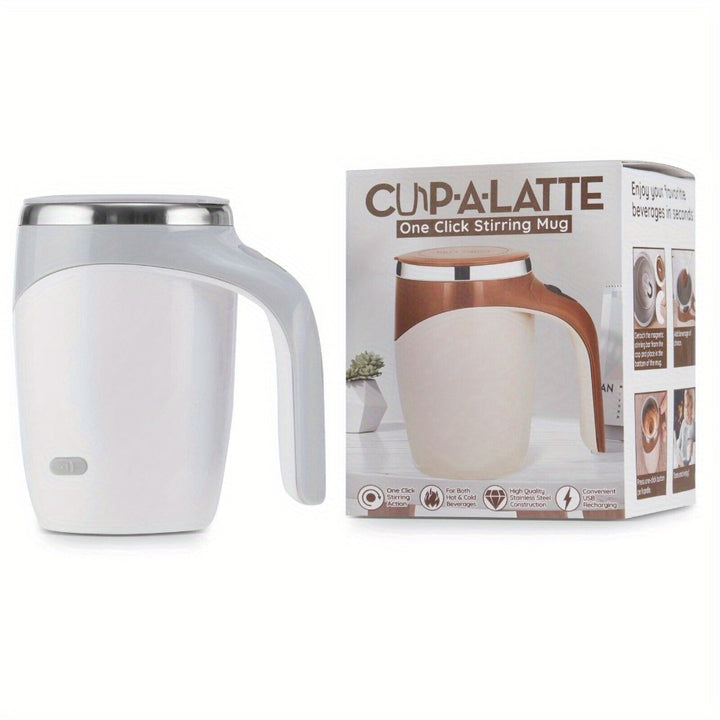 Tazza da caffè auto-miscelante da 12,85 oz - Miscelazione senza sforzo con un solo tocco, ricaricabile USB, acciaio inossidabile e ABS, bianca con accenti marroni - Perfetta per casa, ufficio, palestra, scuola, tazza da caffè