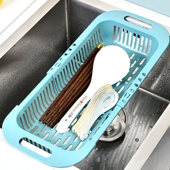 [1pc Retractable Kitchen Basket] 1pc Retractable Drain Rack - Kitchen Basket For Vegetables And Dishes, Plastic Dish Rack With Filter Basket - 13.5in/7.2in/2.5in - Easy To Clean And Store