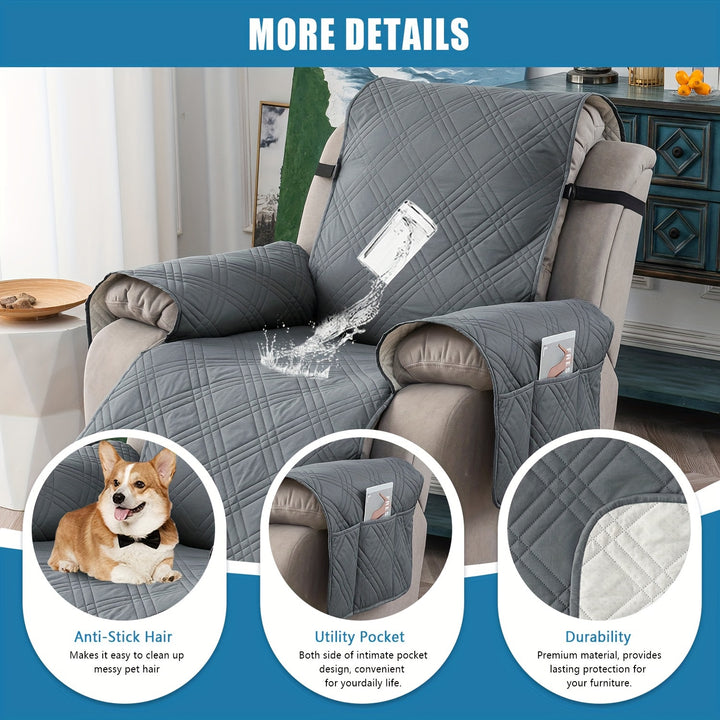 1pc 100% Waterproof Recliner Chair Cover, Non Slip Recliner Covers for Recliner Chair with Pocket, Pet Scratch-Resistant Sofa Slipcover, Washable Furniture Protector, Easy to Install for Office, Living Room, Bedroom, Home Dec