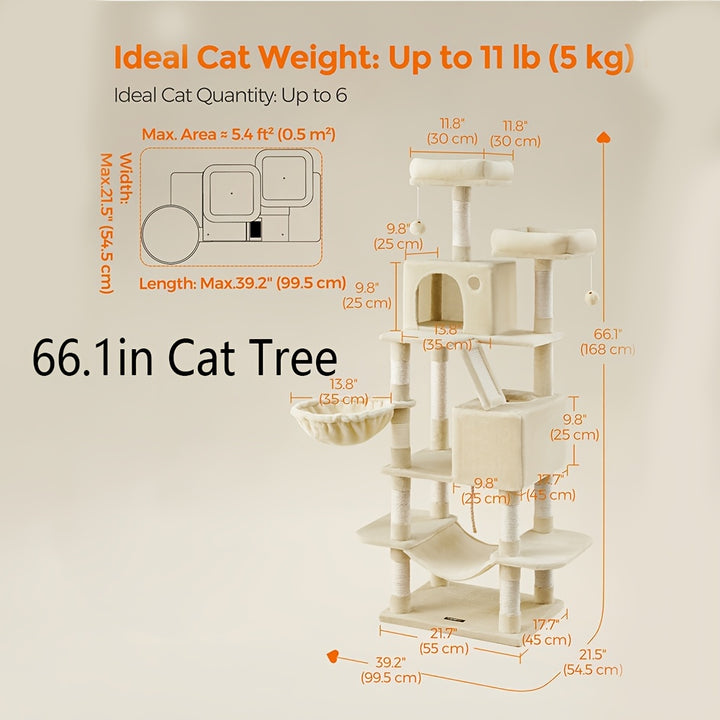 Feandrea 66.1/44.1in Cat Tree, Large Cat Tower with 13 Scratching Posts, 2 Perches, 2 Caves, Hanging Basket & Hammock, Pompoms, Stable Kitty Play House, Multi-Level Plush Cat Condo for Indoor Cats, Easy to Assemble, Perfect G