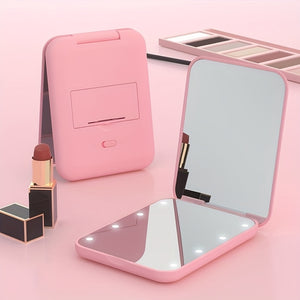 1X/3x Magnified LED Mini Travel Makeup Mirror, Compact, Double-Sided, Portable, Folding, Hand-Held, Small Lighting, Unscented, Plastic Surface, Non-Rechargeable Button Battery (Diameter≥20mm) Power, Varnished Plastic Frame,