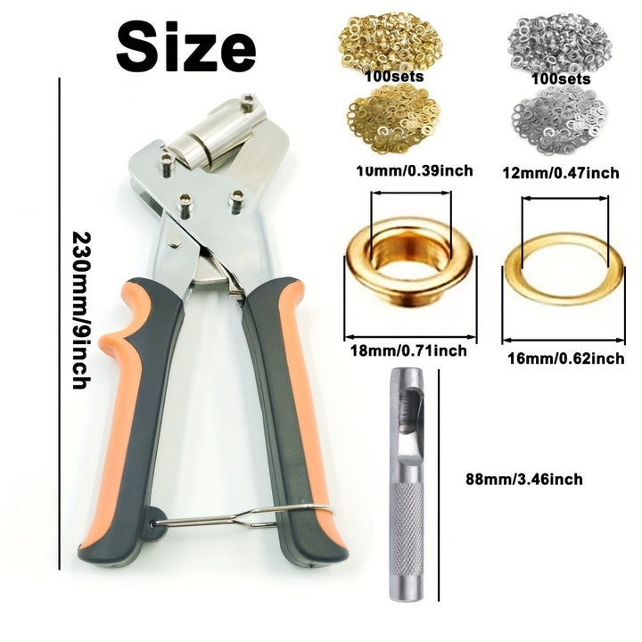 Complete Eyelet Punch Set with 200pcs 10mm Rings - Ideal for DIY Tarpaulin, Faux Leather & Waterproof Fabric Projects, Sewing & Crafting Essentials
