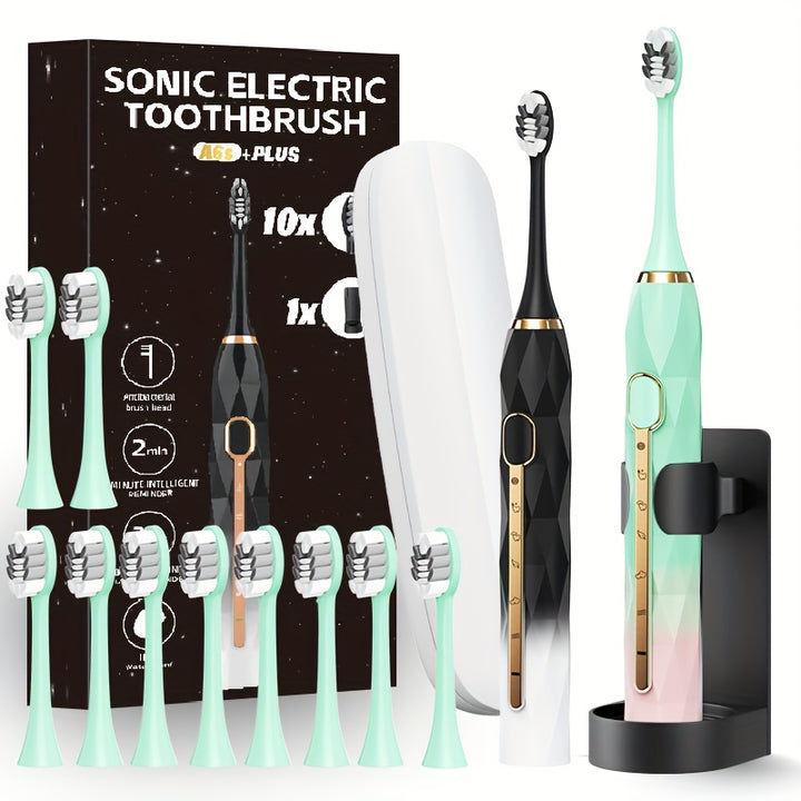Acoustic Electric Toothbrush USB Rechargeable Couple Rechargeable Metal Shaft Adult Man And Woman Rechargeable Toothbrush Intelligent Timer 10 Replaceable Toothbrush Heads 5 Colors A Toothbrush Base A Portable Case
