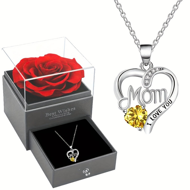 Hollow Heart MOM Design Pendant Necklace With Exquisite Soap Rose Gift Box Elegant Style Gift For Mother