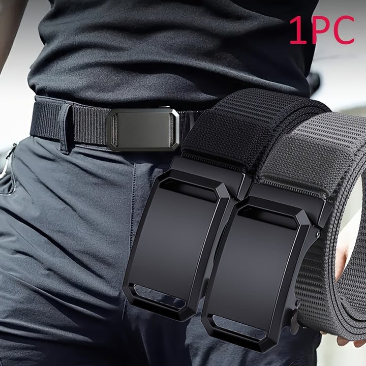 Men's Sleek Black Canvas Belt with Automatic Buckle - Perfect for Jeans, Outdoor Leisure & Sports Training