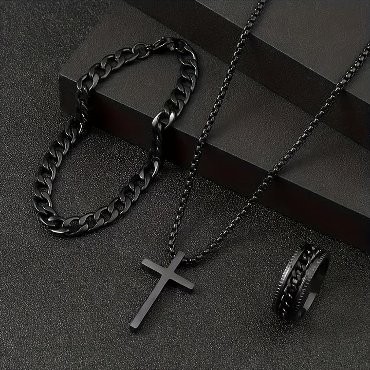 3pcs Men'S Alloy Jewelry Set - Black Boho Style Chain Necklace With Cross Pendant, Matching Bracelet & Ring - Hypoallergenic Fashion Accessories For Autumn Outfits, Jesus, Valentine'S Day Gift