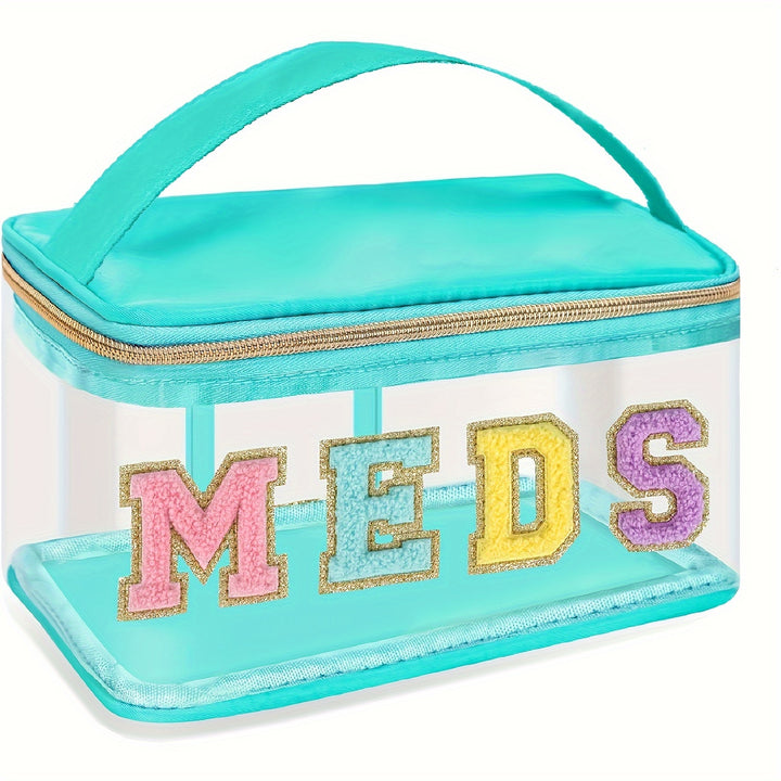 Chic Waterproof PVC Cosmetic Bag with Plush Chenille "MEDS" Letters - Portable, Large Capacity Travel Organizer with Zipper Closure, Easy to Clean - Preppy Style Patchwork Makeup Storage for Women and Girls in Pink/Blue/Turqu