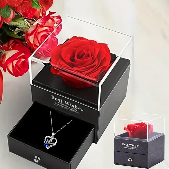 Hollow Heart MOM Design Pendant Necklace With Exquisite Soap Rose Gift Box Elegant Style Gift For Mother