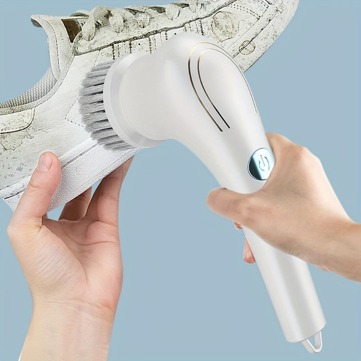 A Cordless Handheld Cleaning Brush with 5 Interchangeable Brush Heads, a Portable Rotating Scrubber, Suitable for Use in Bathrooms, Bathtubs, Wall Tiles, Floors, And Kitchens.