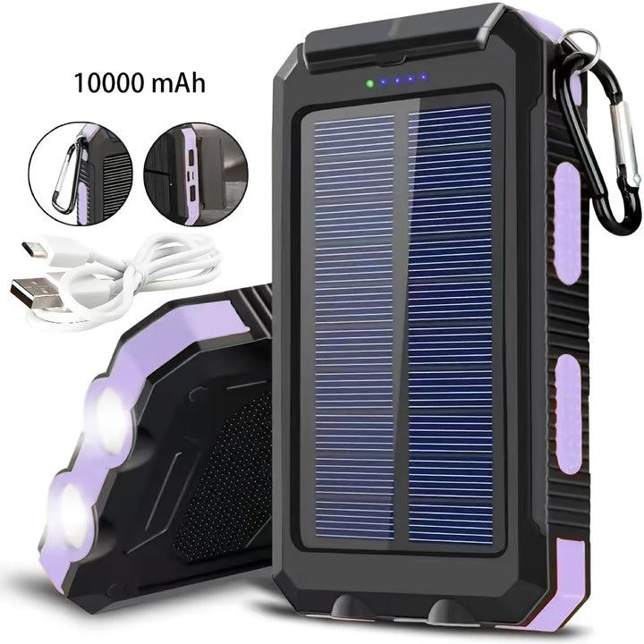 Carregador Portátil USB Power Bank Solar para Celulares, Bateria Externa de Backup para Camping com Saída Dual de 5V USB, 2 Luzes LED Lanterna com Ponteiro