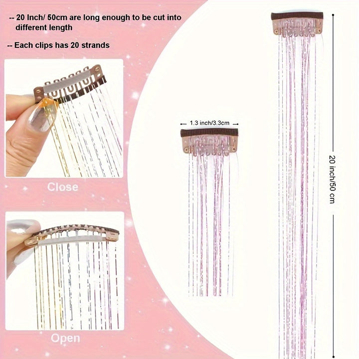 12Pcs Hair Tinsel Clip In 19.6Inch Tinsel Hair Extensions Clip In Hair Tinsel Kit Heat Resistant Shiny Sparkle Glitter Hair Extensions Fairy Hair Accessories For Women